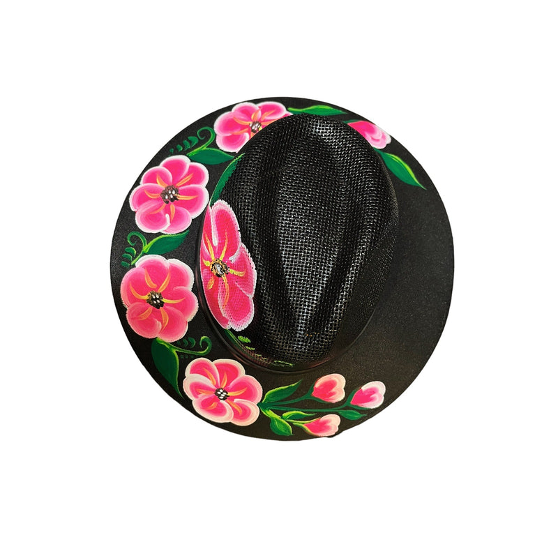 HAT MEXICAN Artisanal Hand Painted Fedora Floral Sombrero Panama Bohemian Black