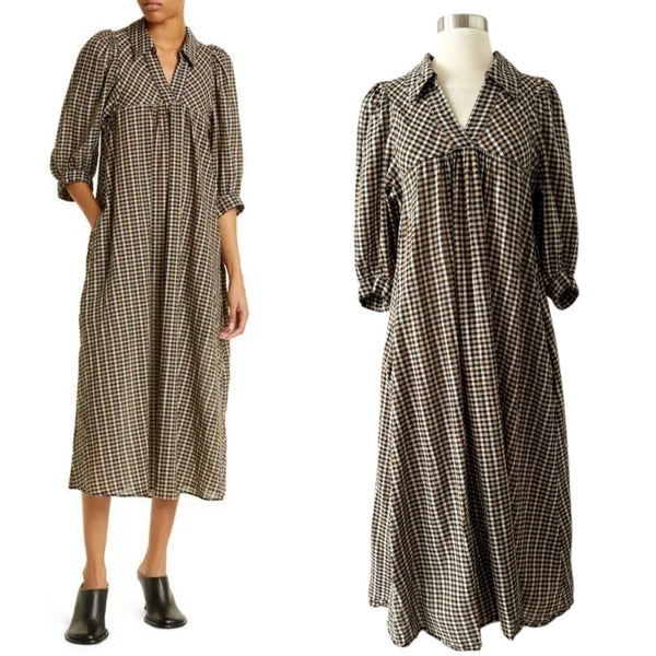 Samsoe Samsoe Opal Collared Midi Plaid Dress Brown 3/4 Sleeves Split Neck Small