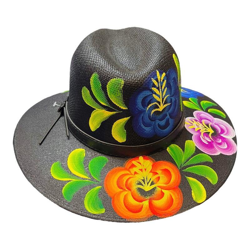 HAT MEXICAN Artisanal Hand Painted Fedora Floral Sombrero Panama Bohemian Black