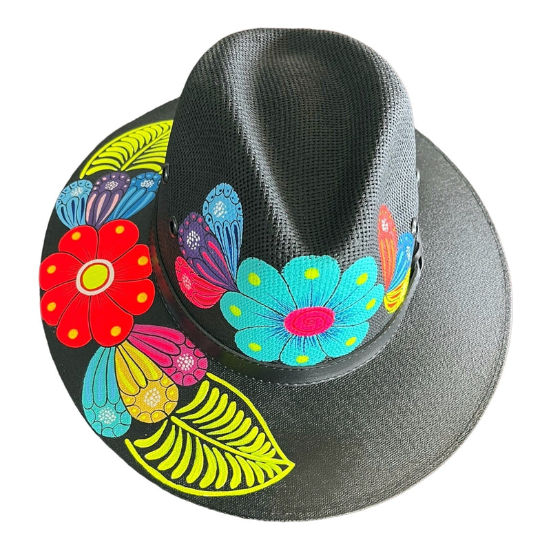 HAT MEXICAN Artisanal Hand Painted Fedora Floral Sombrero Panama Bohemian Black