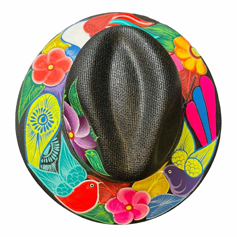 HAT MEXICAN Artisanal Hand Painted Fedora Floral Sombrero Panama Bohemian Black