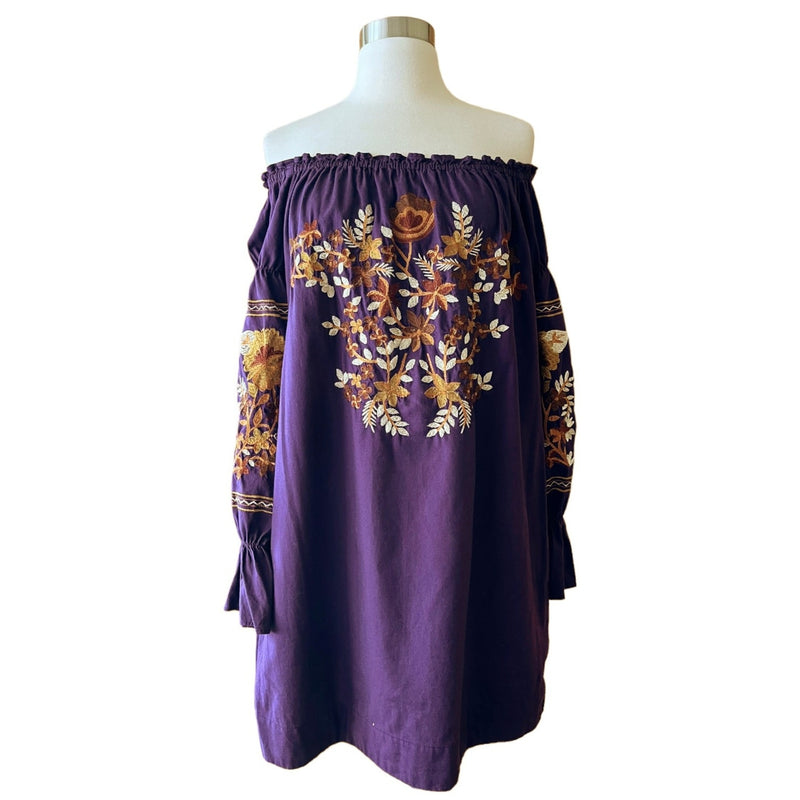 FREE PEOPLE Mini Dress Fleur du Jour Embroidered Tunic Purple Off the Shoulder