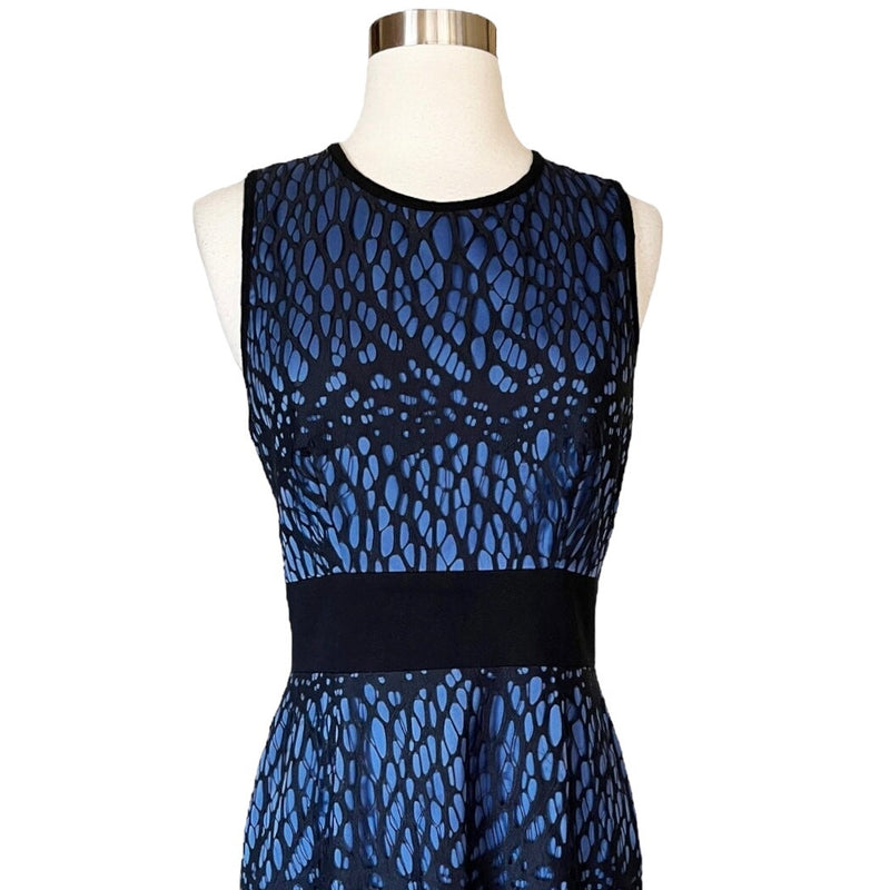 ROBERT RODRIGUEZ Sleeveless Sheath Dress Lace Overlay Satin Blue Black 4 EUC