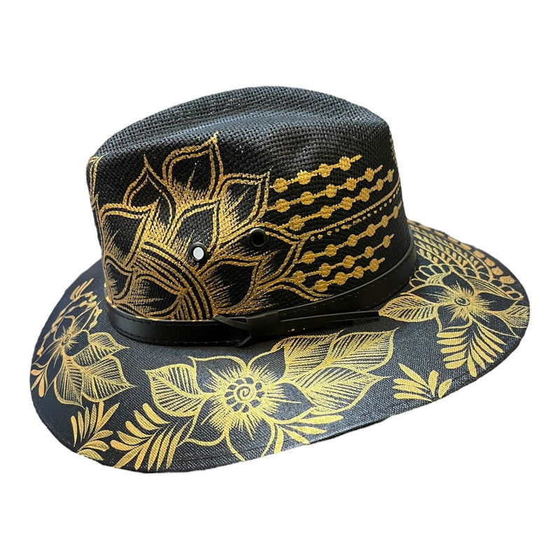 HAT MEXICAN Artisanal Hand Painted Fedora Floral Sombrero Panama Bohemian Black