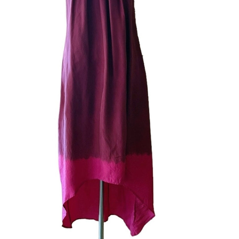 AS BY DF Silk Dress Leather Top Trim Sleeveless Burgundy Ombre Hi - Lo Medium