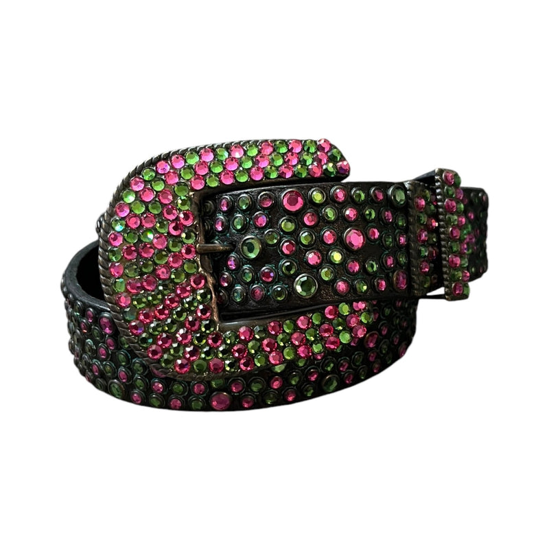 MICHAEL MORRISON Swarovski WICKED Leather Belt Rhinestone Pink Green Cowgirl S/M