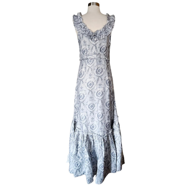 LOVESHACKFANCY Maxi Dress Gown Dupioni Silk Ruffles Sleeveless Gray Blue Sample