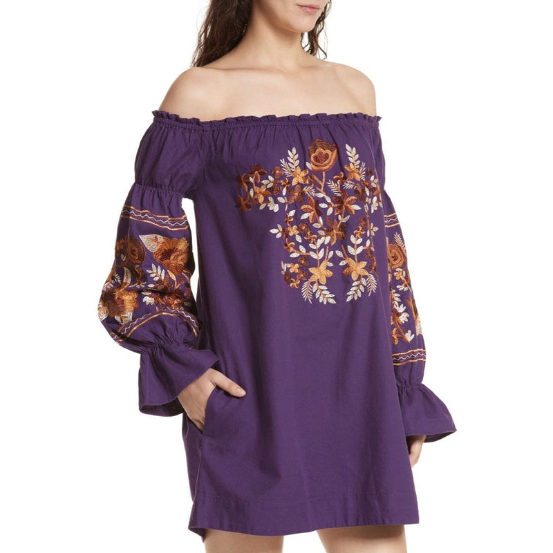 FREE PEOPLE Mini Dress Fleur du Jour Embroidered Tunic Purple Off the Shoulder