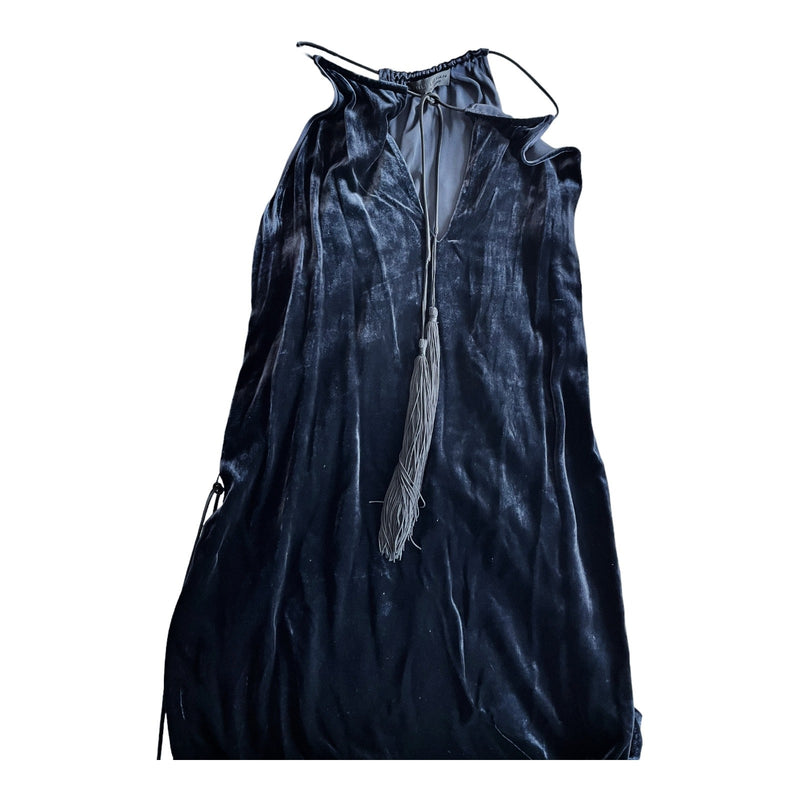 NILI LOTAN Velvet Dress Dark Blue Belted Tassels Sleeveless Silk Rare Medium