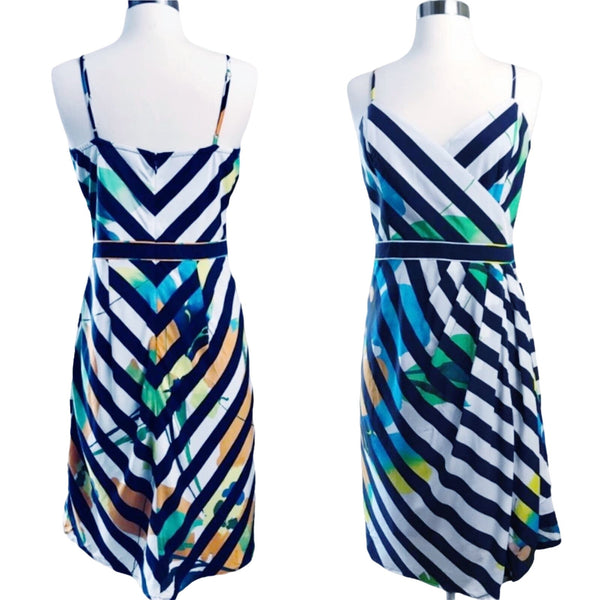 BETH BOWLEY Silk Dress Floral Striped Navy White Sleeveless Faux Wrap Sheath 4