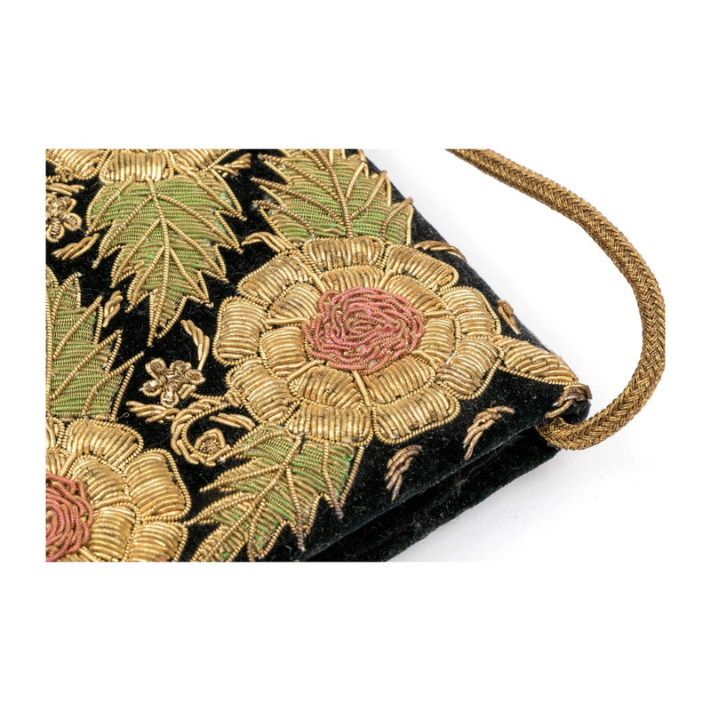 VINTAGE ZARDOZI Metal Embroidered Envelope Clutch Gold Black Velvet Handmade