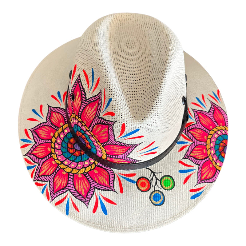 HAT MEXICAN Artisanal Hand Painted Fedora Mandala Sombrero Panama Bohemian White