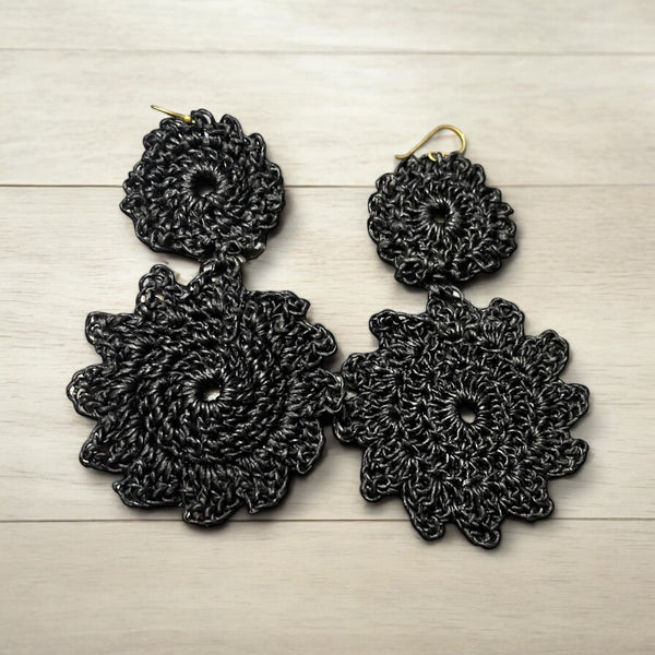 ROLLER RABBIT Macrame Earring Black Hook Crochet Boho Casual NEW