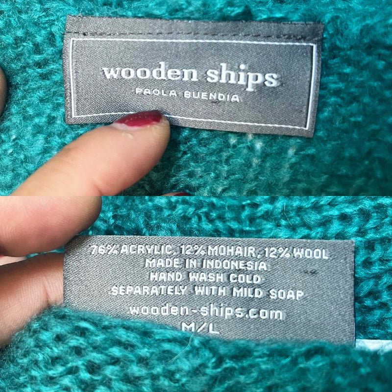 WOODEN SHIPS Green Sweater Pullover Wool Mohair V-Neck Lagenlook Jumper Medium