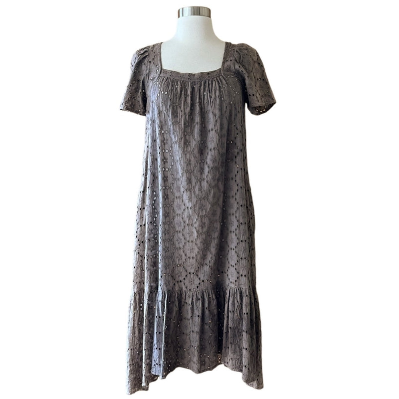 CLAUDE TULUM Taupe Eyelet Midi Dress Taupe Short Sleeves Square Neck Small NEW