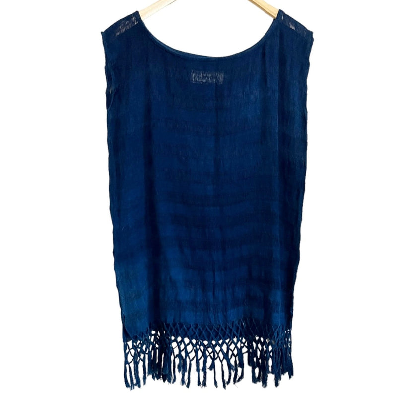 CLAUDE TULUM Natural Tunic Fringe Cotton Coverup  Scoop Neck Navy Blue M/L NEW