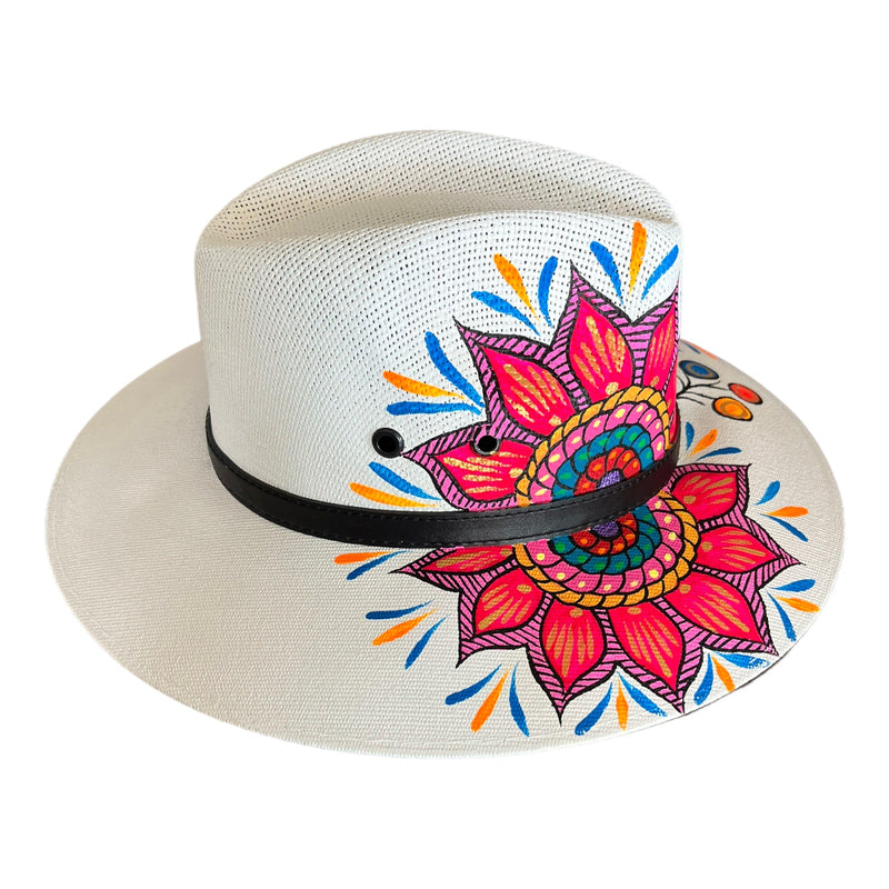 HAT MEXICAN Artisanal Hand Painted Fedora Mandala Sombrero Panama Bohemian White