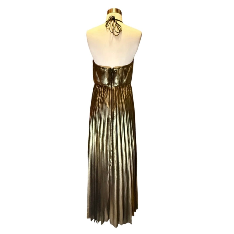 AIDAN MATTOX Pleated Folied Chiffon Halter Gown Bronze Metallic Maxi 4 EUC