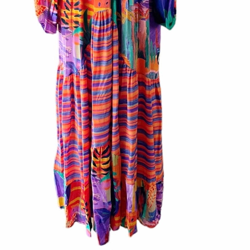 Colorful Maxi Dress Oversized V-Neck Long Sleeves Tropical Bold Print Large NEW
