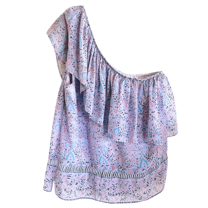 SAYLOR One Shoulder Janice Top Floral Purple Ruffles Chiffon Fabric Blouse Small