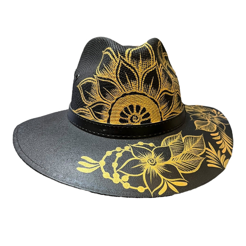 HAT MEXICAN Artisanal Hand Painted Fedora Floral Sombrero Panama Bohemian Black