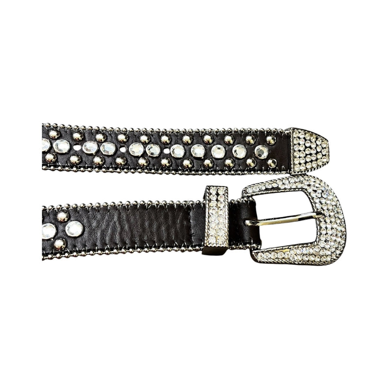 CHRISTINE ALEXANDER Brown Silver Crystals Embellished Leather Belt Rhinestone M