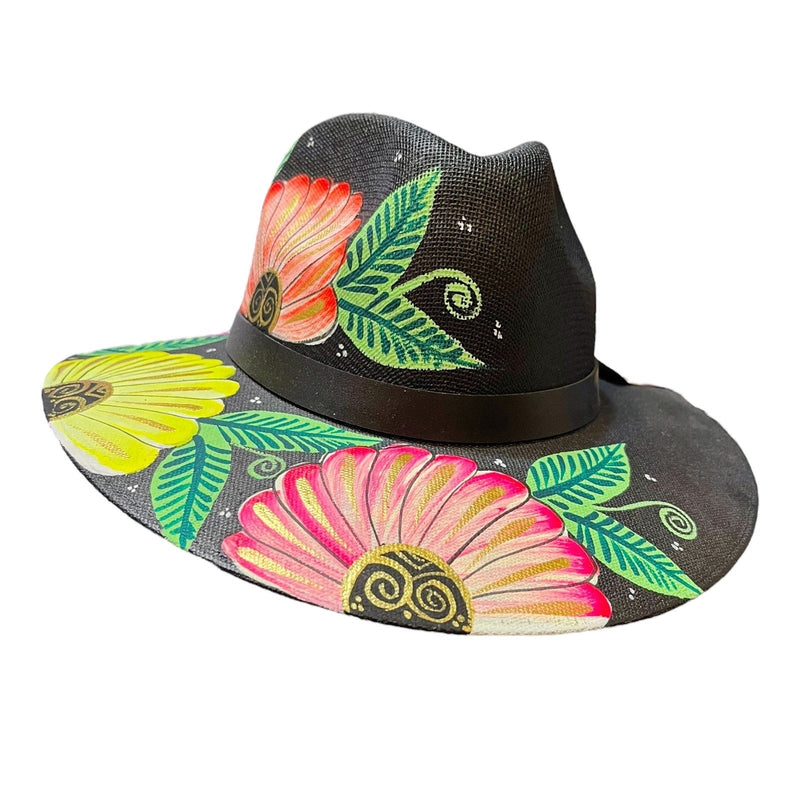 HAT MEXICAN Artisanal Hand Painted Fedora Floral Sombrero Panama Bohemian Black