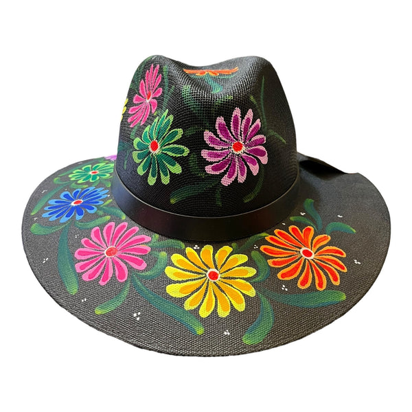 HAT MEXICAN Artisanal Hand Painted Fedora Floral Sombrero Panama Bohemian Black