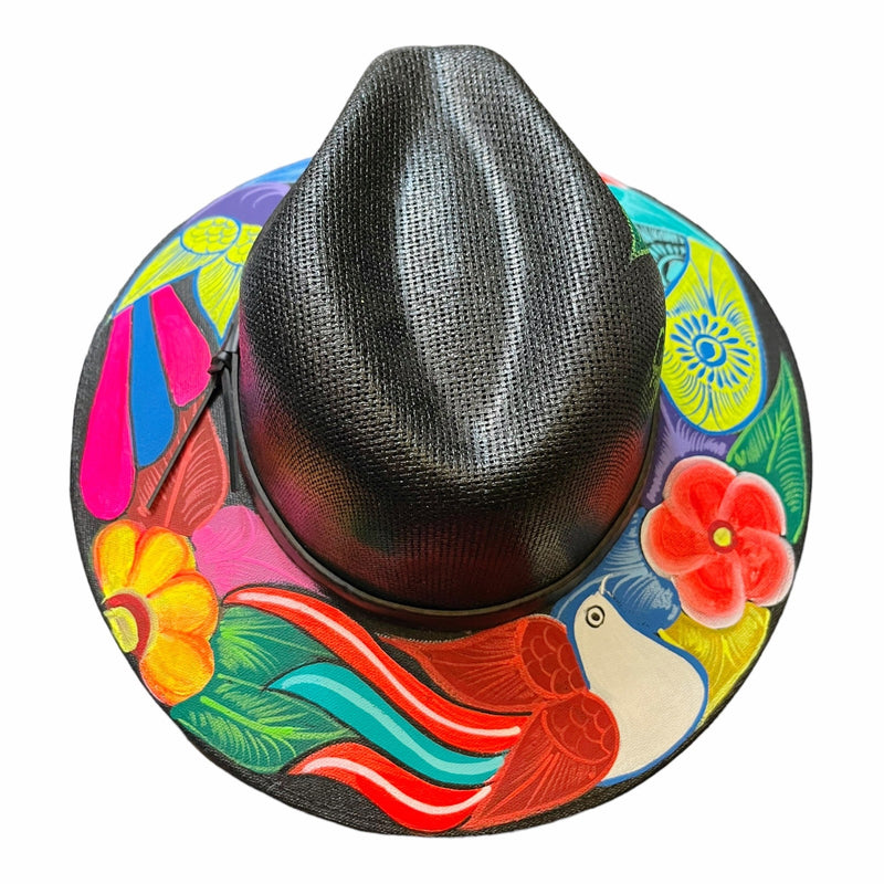 HAT MEXICAN Artisanal Hand Painted Fedora Floral Sombrero Panama Bohemian Black