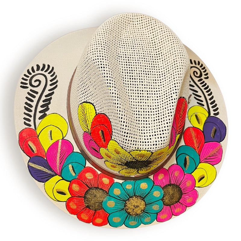HAT MEXICAN Artisanal Hand Painted Fedora Floral Sombrero Panama Bohemian Ivory