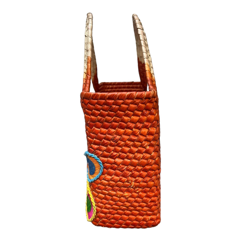 Mexican Natural Weaved Straw Tote Bag HANDMADE Zipper Orange Floral Palm Small