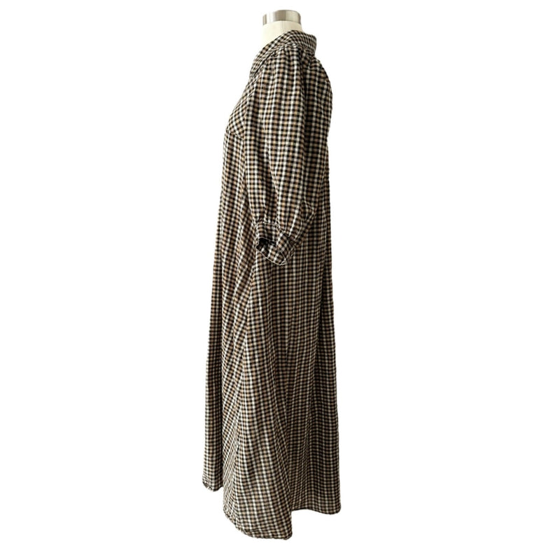 Samsoe Samsoe Opal Collared Midi Plaid Dress Brown 3/4 Sleeves Split Neck Small