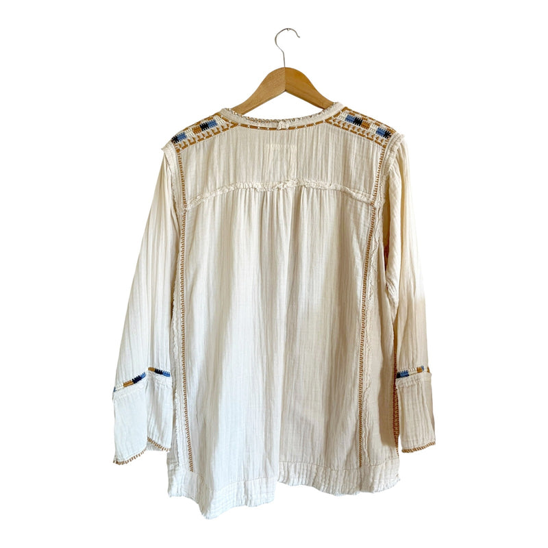 JOHNNY WAS Moby Gauze Tunic Embroidered V-Neck Long Bell Sleeves Cotton Small