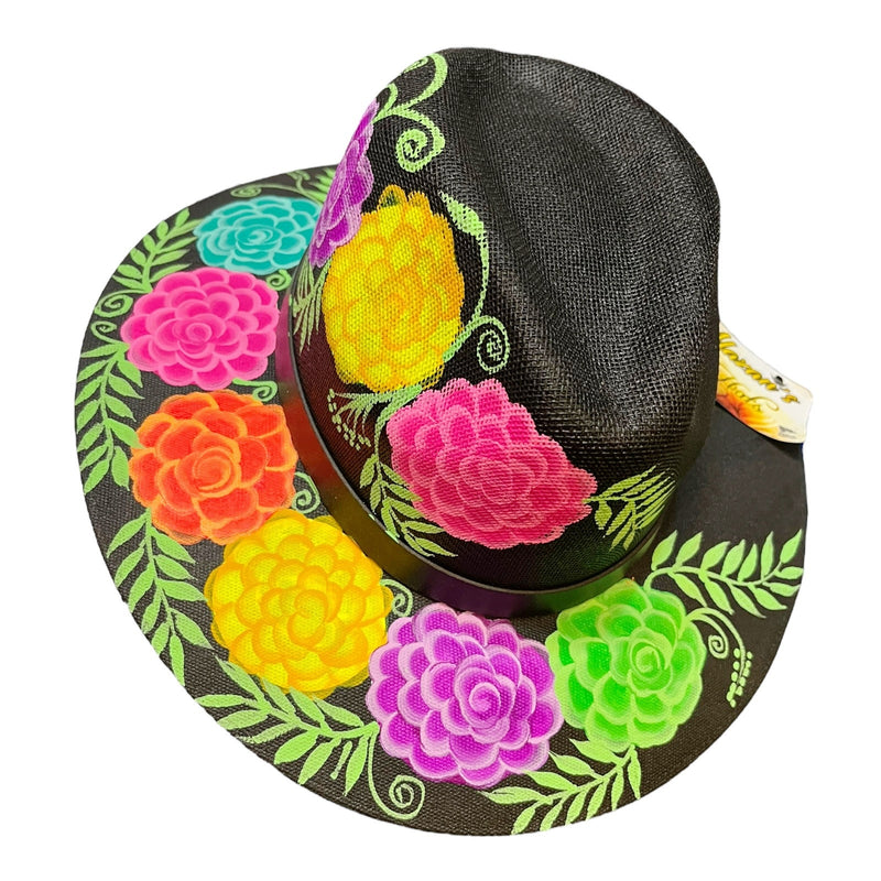 HAT MEXICAN Artisanal Hand Painted Fedora Floral Sombrero Panama Bohemian Black