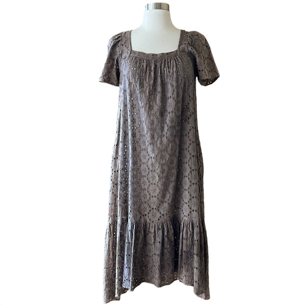 CLAUDE TULUM Taupe Eyelet Midi Dress Taupe Short Sleeves Square Neck Small NEW