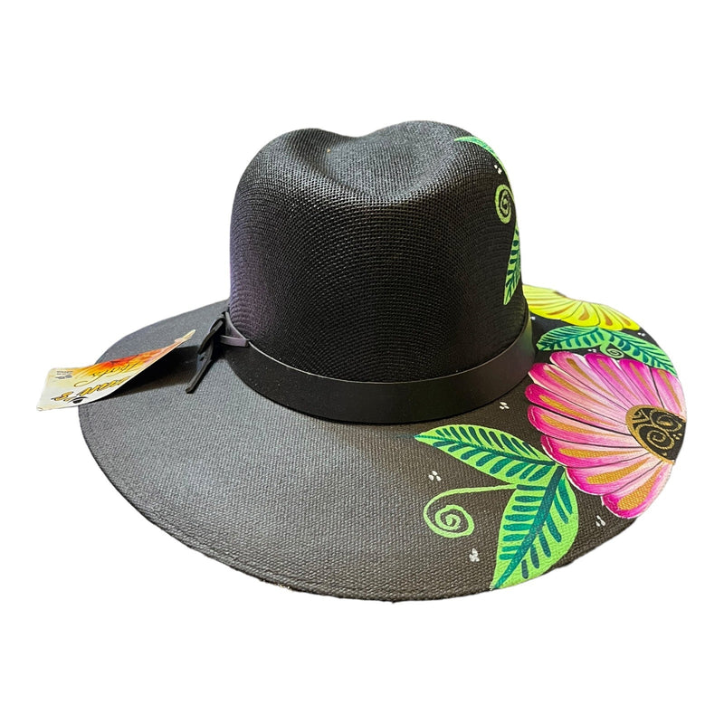 HAT MEXICAN Artisanal Hand Painted Fedora Floral Sombrero Panama Bohemian Black