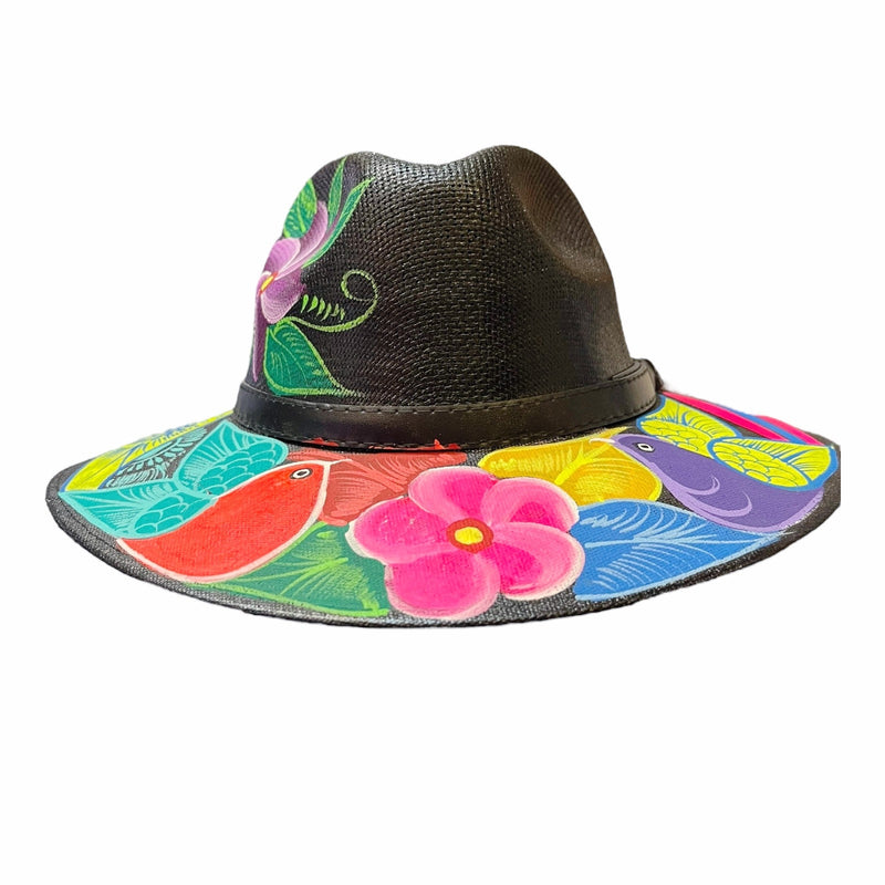 HAT MEXICAN Artisanal Hand Painted Fedora Floral Sombrero Panama Bohemian Black