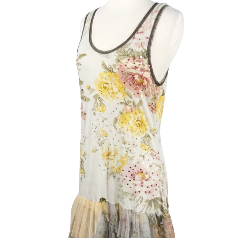 ALBERTO MAKALI Jersey Dress Floral Sequins Tulle Ruffles Hem Sleeveless Small