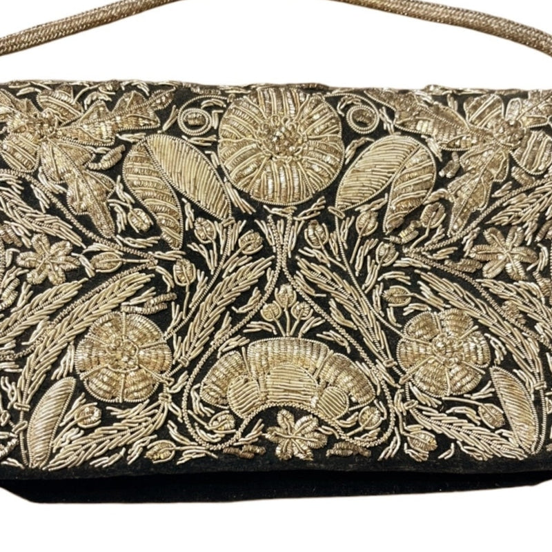 VINTAGE ZARDOZI Metal Embroidered Envelope Clutch Gold Black Velvet Handmade