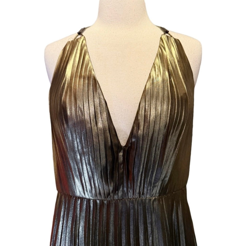 AIDAN MATTOX Pleated Folied Chiffon Halter Gown Bronze Metallic Maxi 4 EUC