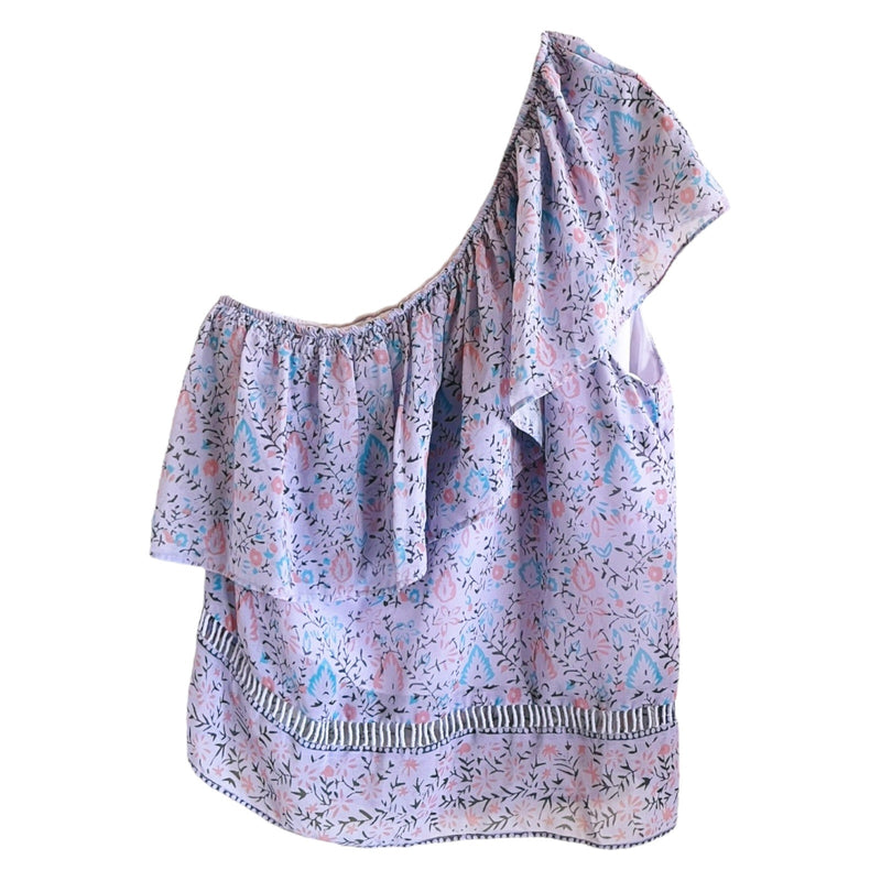 SAYLOR One Shoulder Janice Top Floral Purple Ruffles Chiffon Fabric Blouse Small