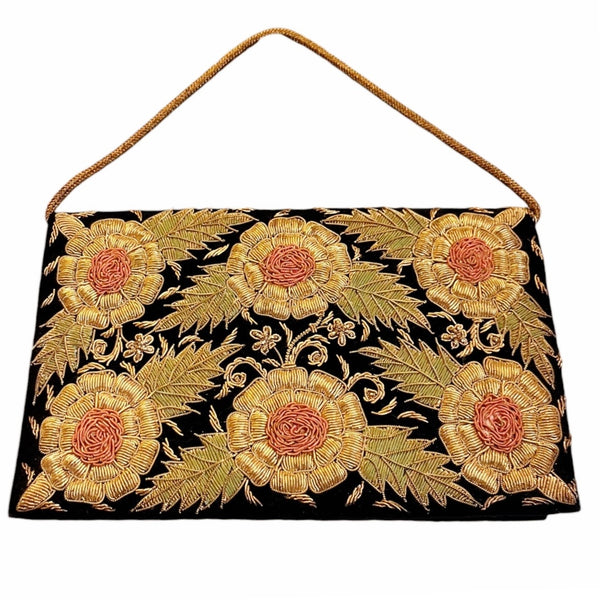 VINTAGE ZARDOZI Metal Embroidered Envelope Clutch Gold Black Velvet Handmade