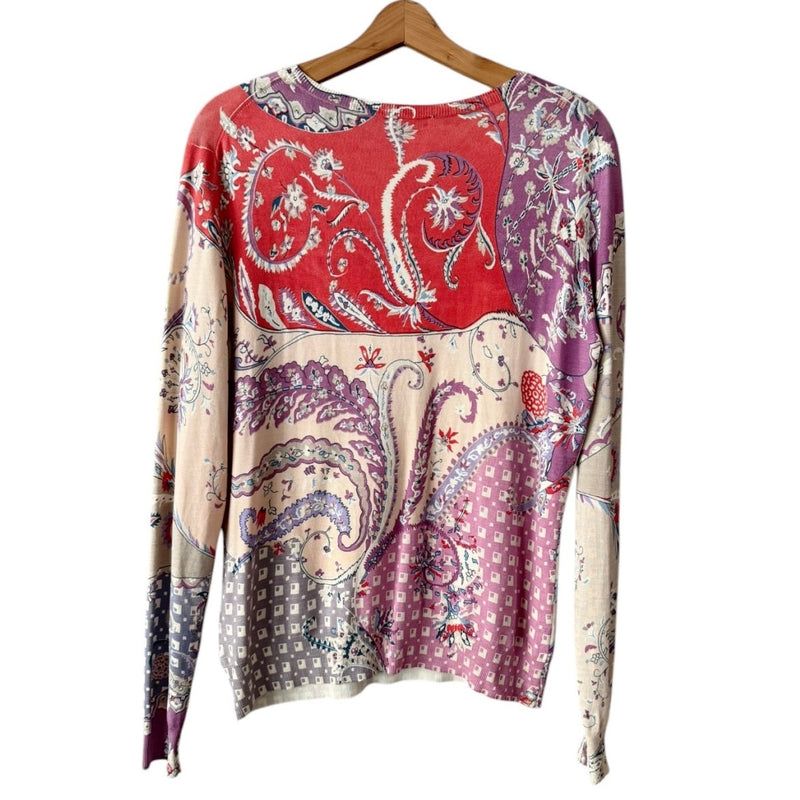 ETRO Milano Silk Paisley Sweater Knit Tank V-Neck Red Cream Italy IT46 Large EUC