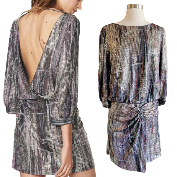 BA&SH Salina Metallic Mini Dress Lighweight Knit Silver Open Back 3 Large EUC