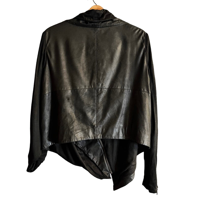 ALAN BILZERIAN Goat Leather Cotton Jacket Cardigan Black Mixed Media Drape US 12