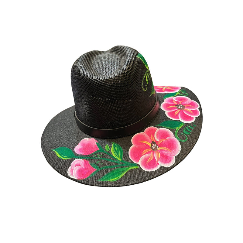 HAT MEXICAN Artisanal Hand Painted Fedora Floral Sombrero Panama Bohemian Black