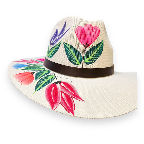 HAT MEXICAN Artisanal Hand Painted Fedora Floral Sombrero Panama Bohemian White