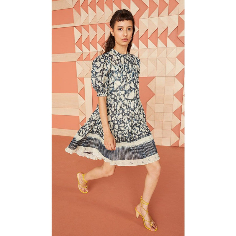 ULLA JOHNSON Dahlia Dress Blue Batik Short Puff Sleeves Crew Neck Silk Lurex 2