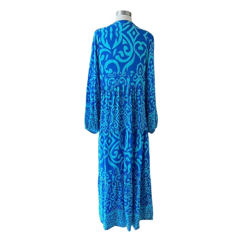 Blues Paisley Maxi Dress V-Neck Long Sleeves Tropical Bold Print Medium