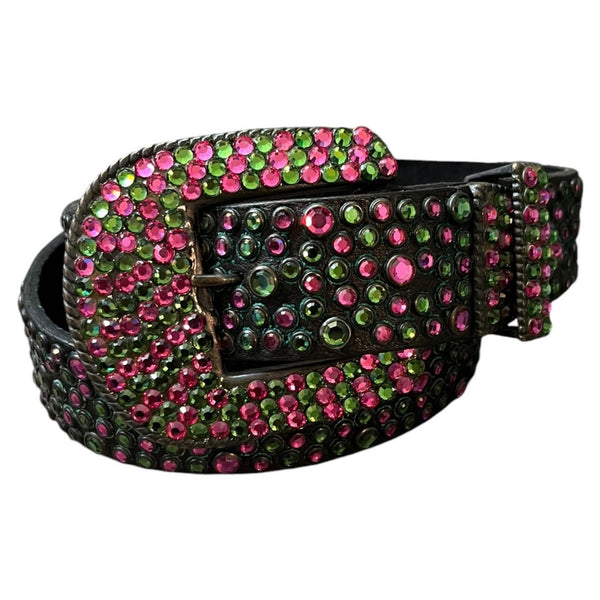 MICHAEL MORRISON Swarovski WICKED Leather Belt Rhinestone Pink Green Cowgirl S/M